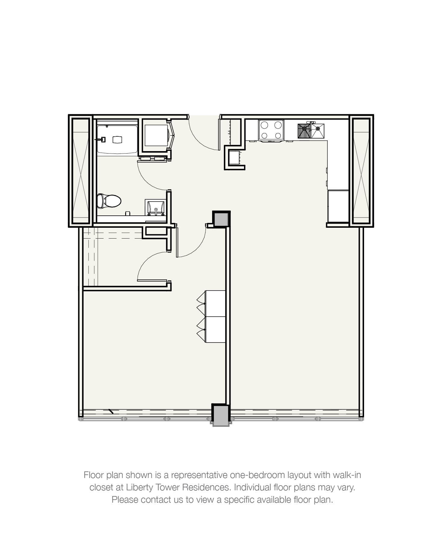 Floor plan for 1 bed, 1 bath, 724 sqft